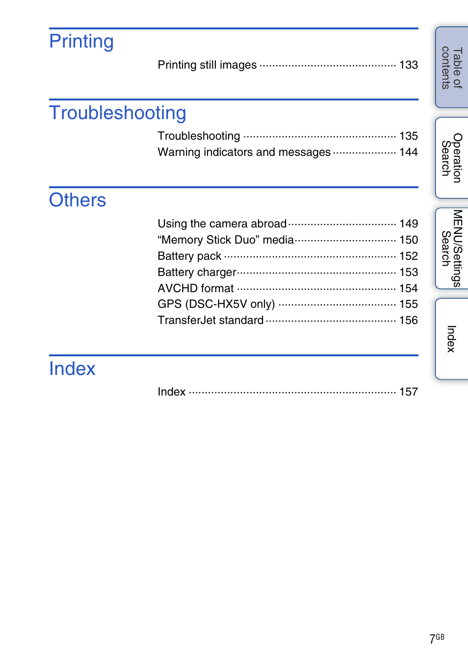 Printing, Troubleshooting, Others | Index | Sony DSC-HX5V User Manual | Page 7 / 160