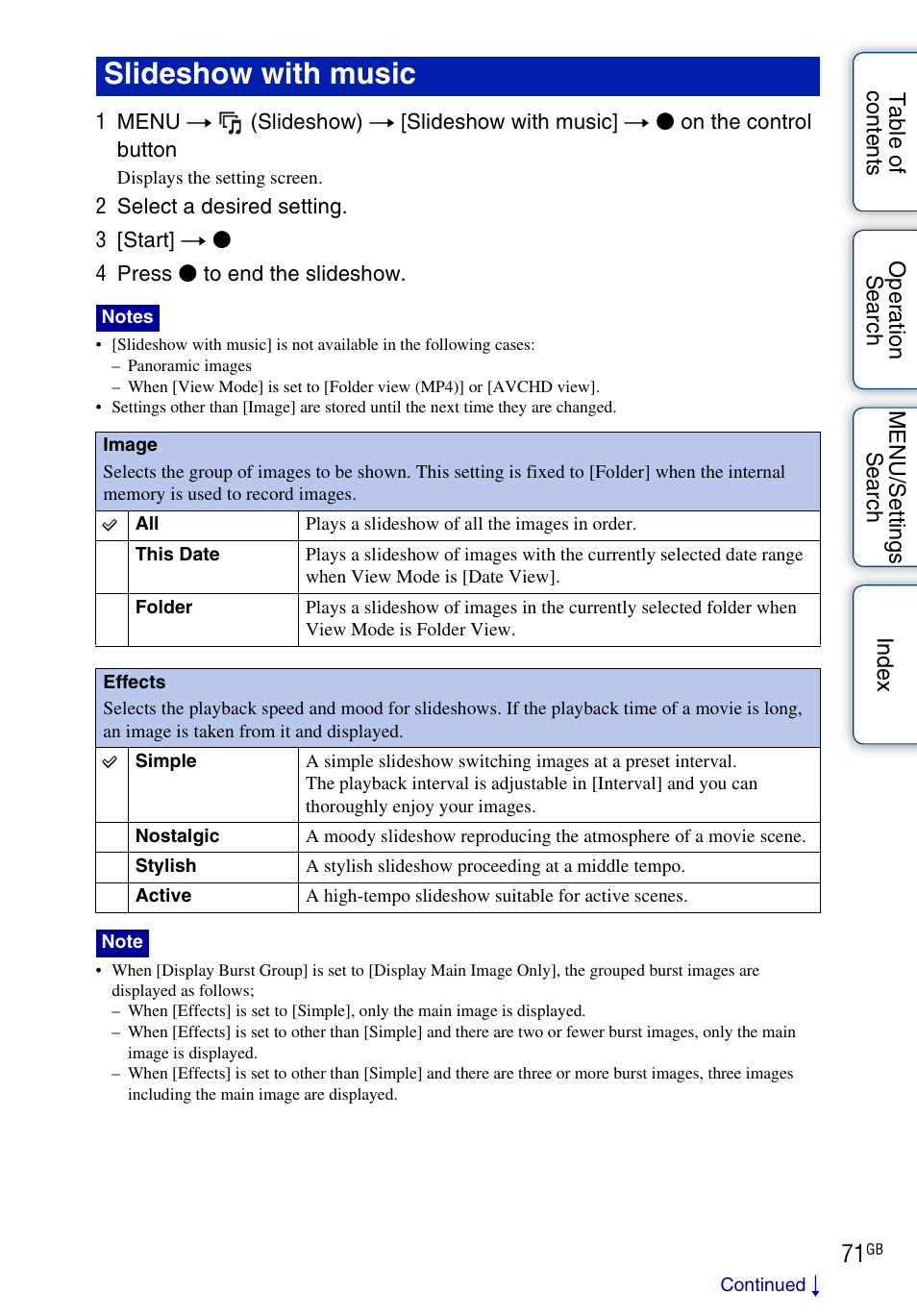 Slideshow with music | Sony DSC-HX5V User Manual | Page 71 / 160