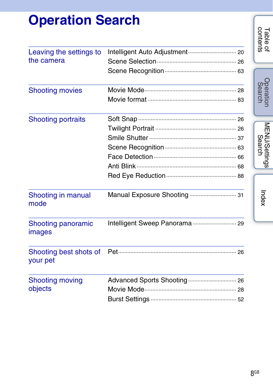 Operation search, Perat, Earc | Sony DSC-HX5V User Manual | Page 8 / 160