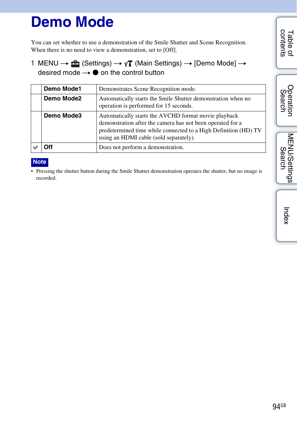 Demo mode | Sony DSC-HX5V User Manual | Page 94 / 160