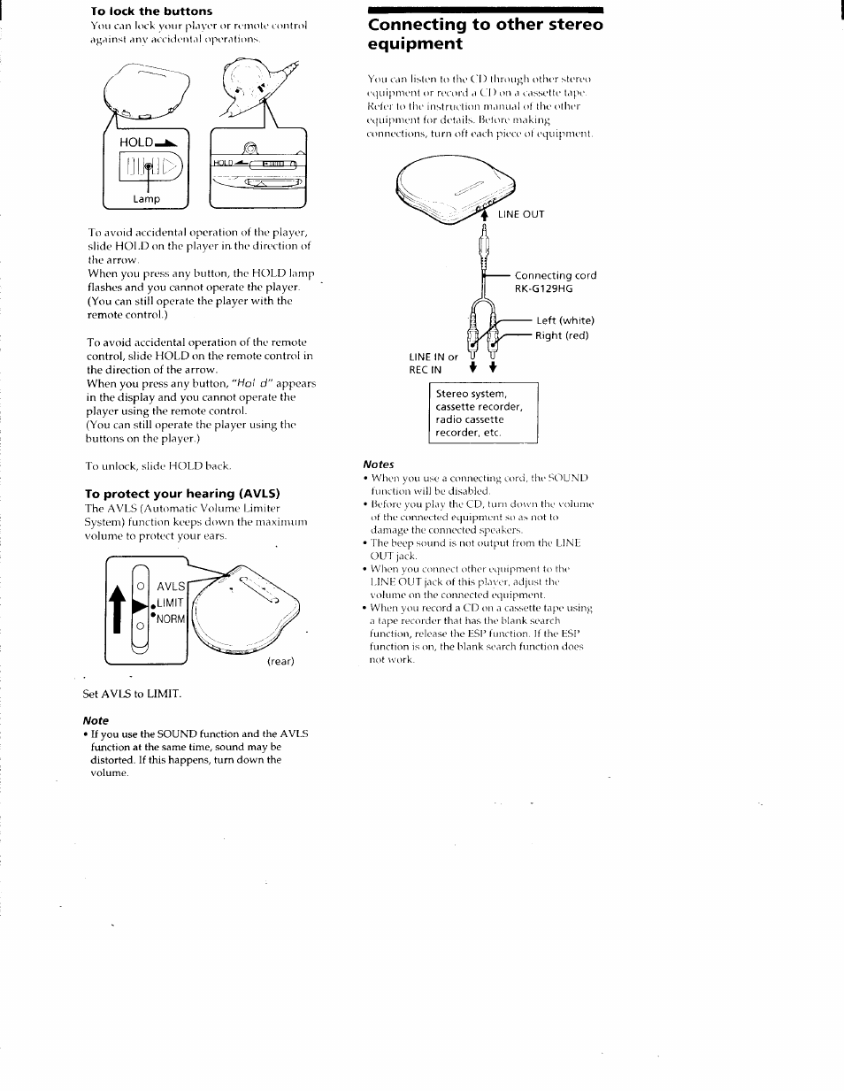 To lock the buttons, To protect your hearing (avls), Connecting to other stereo equipment | Sony D-E905 User Manual | Page 9 / 19