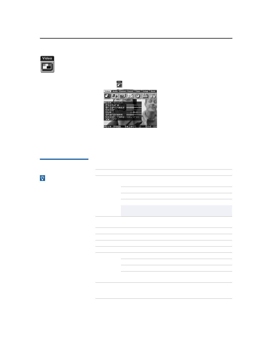 Using the video menu, Selecting video options, 26 using the video menu | Sony wega KV-36FS16 User Manual | Page 32 / 60