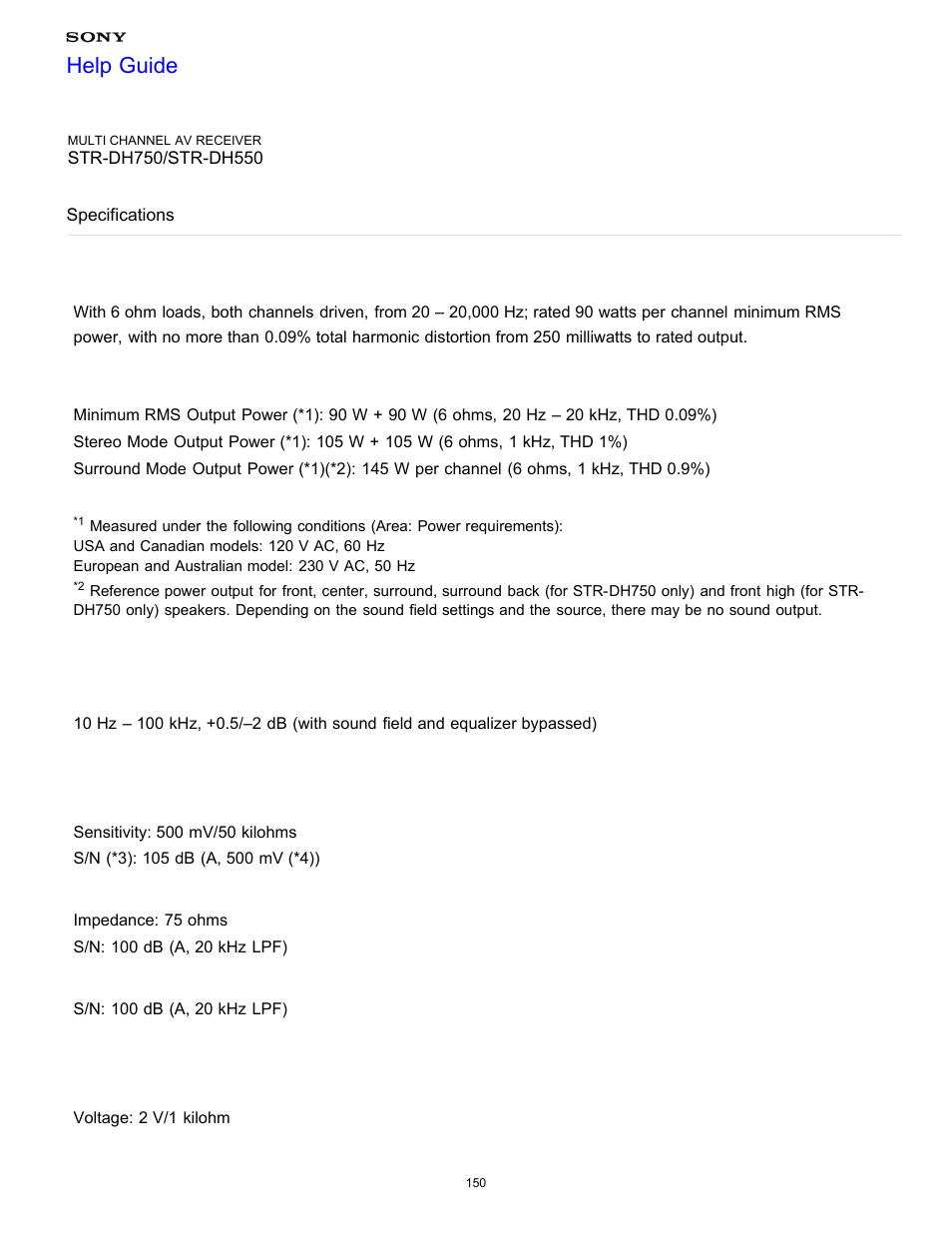 Specifications, Help guide | Sony STR-DH750 User Manual | Page 157 / 246