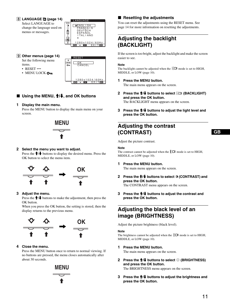 Adjusting the backlight (backlight), Adjusting the contrast (contrast), Adjusting the black level of an image (brightness) | Menu ok, Menu | Sony SDM-HS93 User Manual | Page 11 / 19
