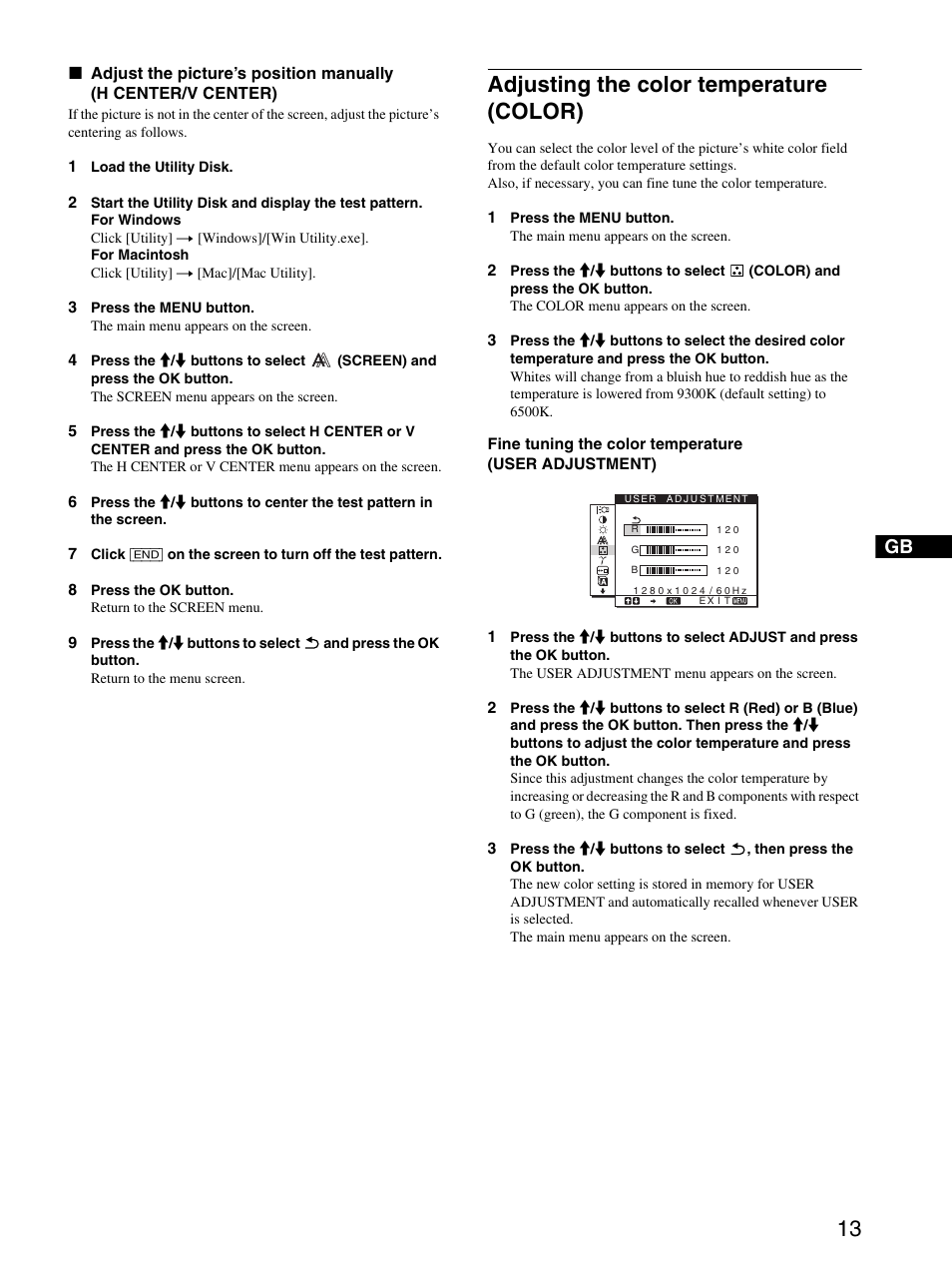 Adjusting the color temperature (color) | Sony SDM-HS93 User Manual | Page 13 / 19