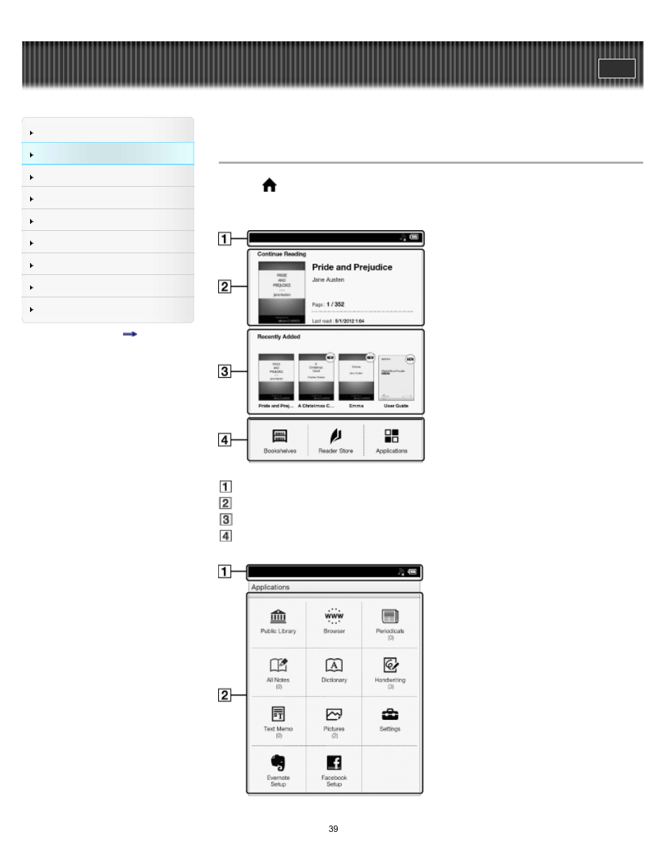 Applications and the [home] screen | Sony PRS-T2BC User Manual | Page 39 / 175