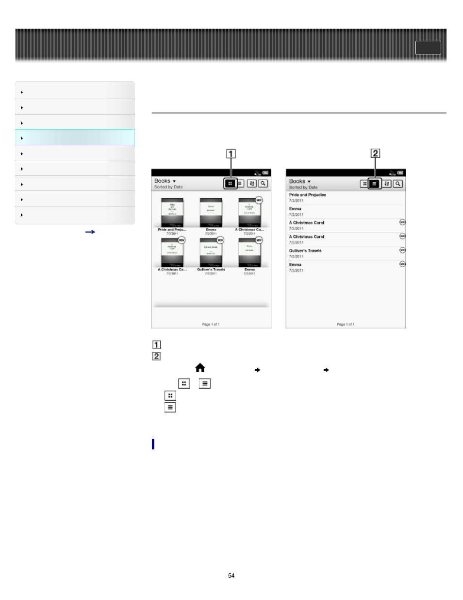 Browsing in thumbnail view and list view | Sony PRS-T2BC User Manual | Page 54 / 175