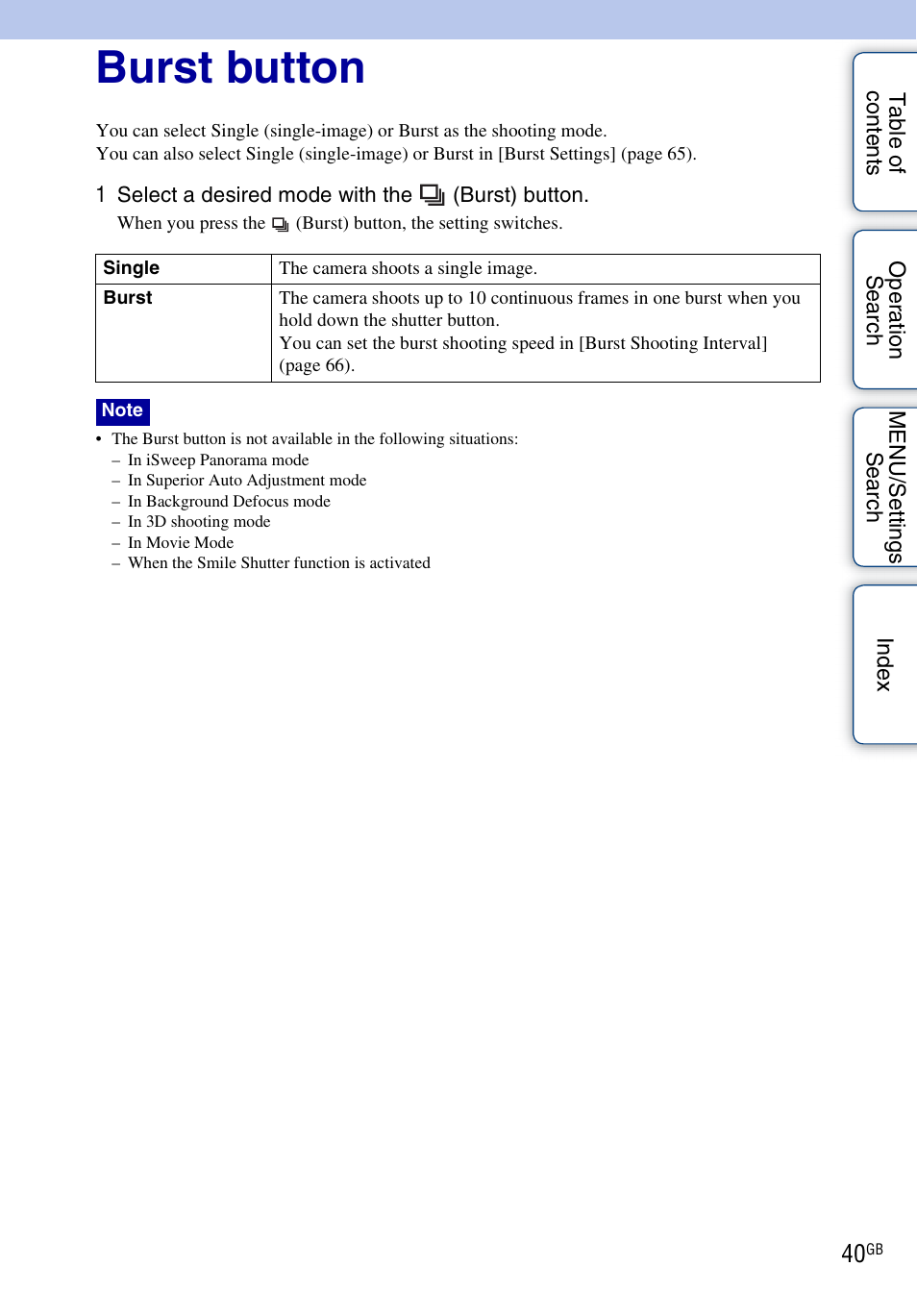 Burst button | Sony DSC-WX5 User Manual | Page 40 / 171