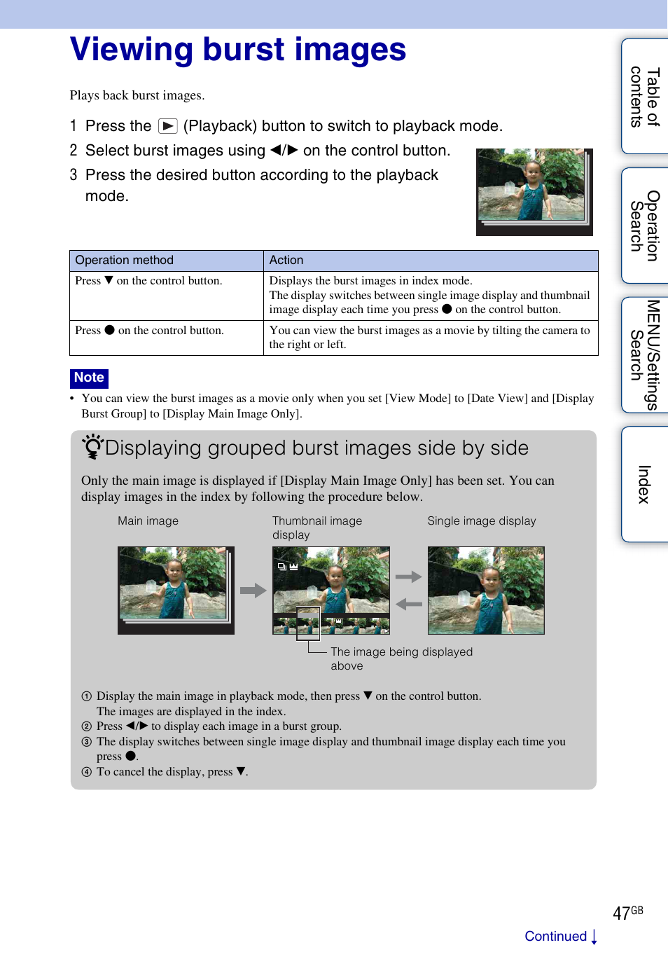 Viewing burst images, Displaying grouped burst images side by side | Sony DSC-WX5 User Manual | Page 47 / 171