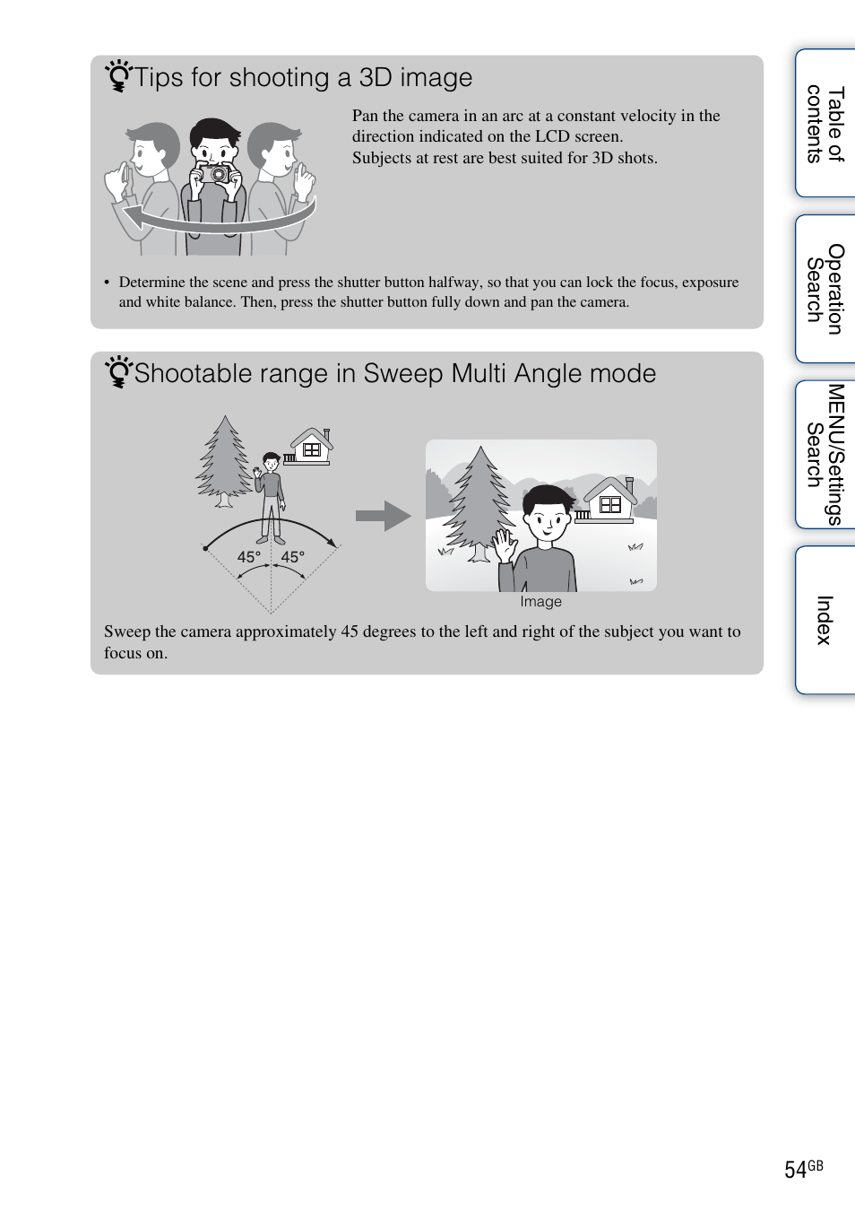Tips for shooting a 3d image, Shootable range in sweep multi angle mode | Sony DSC-WX5 User Manual | Page 54 / 171