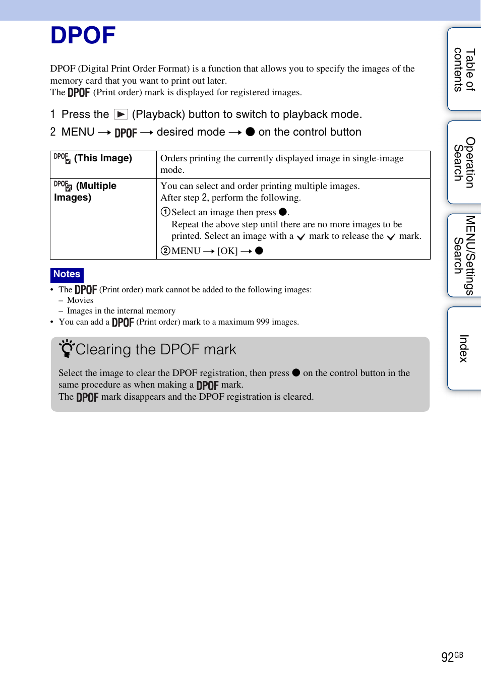 Dpof, Clearing the dpof mark | Sony DSC-WX5 User Manual | Page 92 / 171