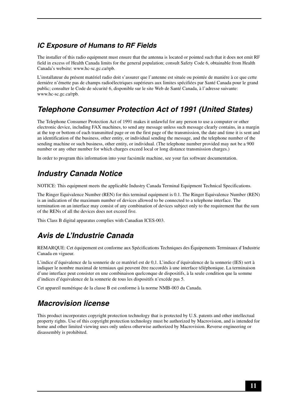 Industry canada notice, Avis de l’industrie canada, Macrovision license | 11 ic exposure of humans to rf fields | Sony VGN-BX540 User Manual | Page 11 / 20