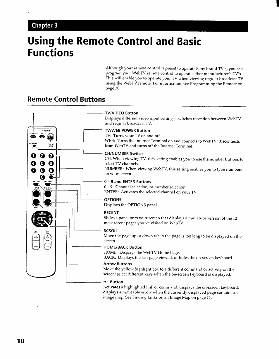 Tv/video button, Tva/veb power button, Ch/number switch | 9 and enter buttons, Options, Recent, Scroll, Home/back button, Button, Using the remote control and basic functions | Sony INT-W100 User Manual | Page 10 / 36