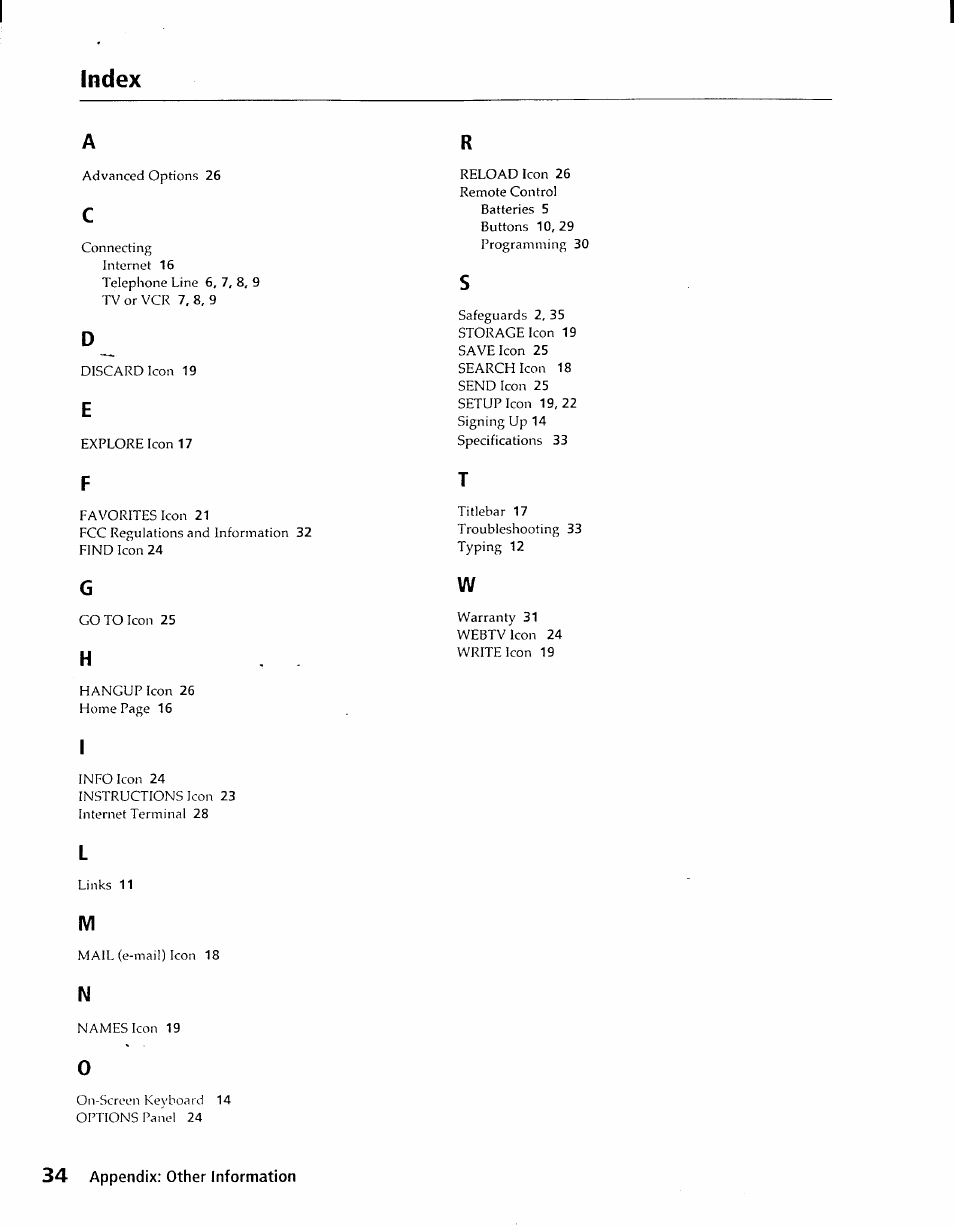 Index | Sony INT-W100 User Manual | Page 34 / 36