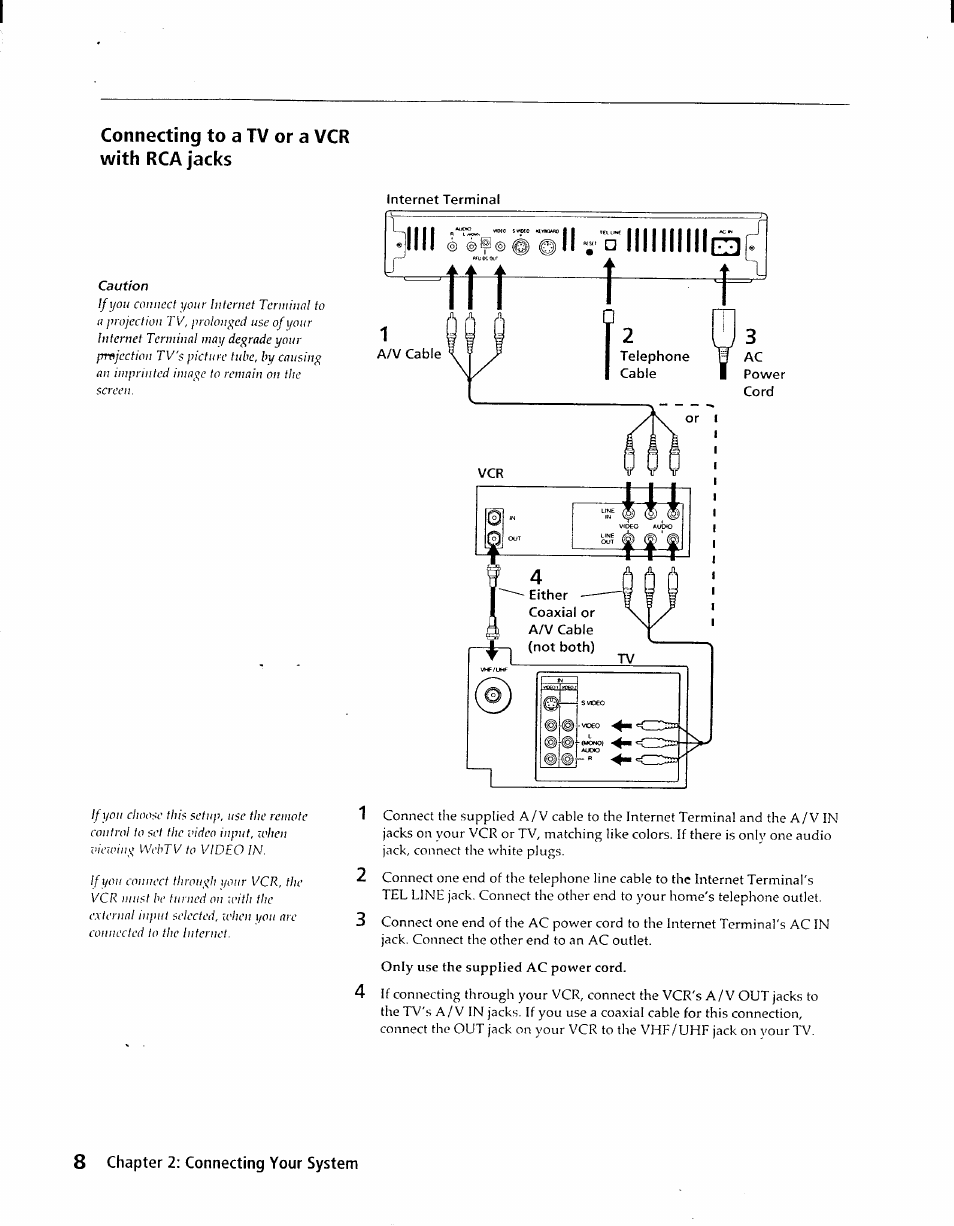 Connecting to a tv or a vcr with rca jacks, Caution | Sony INT-W100 User Manual | Page 8 / 36