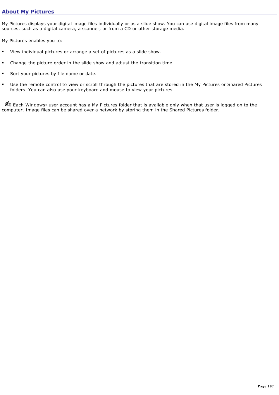 About my pictures | Sony VGC-RA940G User Manual | Page 107 / 271
