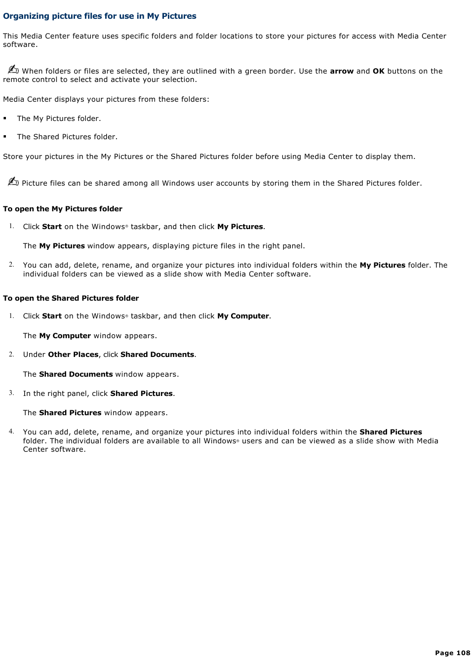 Organizing picture files for use in my pictures | Sony VGC-RA940G User Manual | Page 108 / 271
