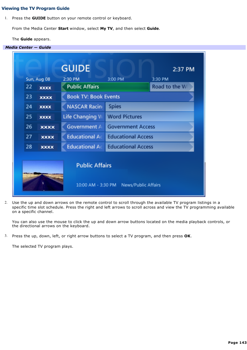 Viewing the tv program guide | Sony VGC-RA940G User Manual | Page 143 / 271