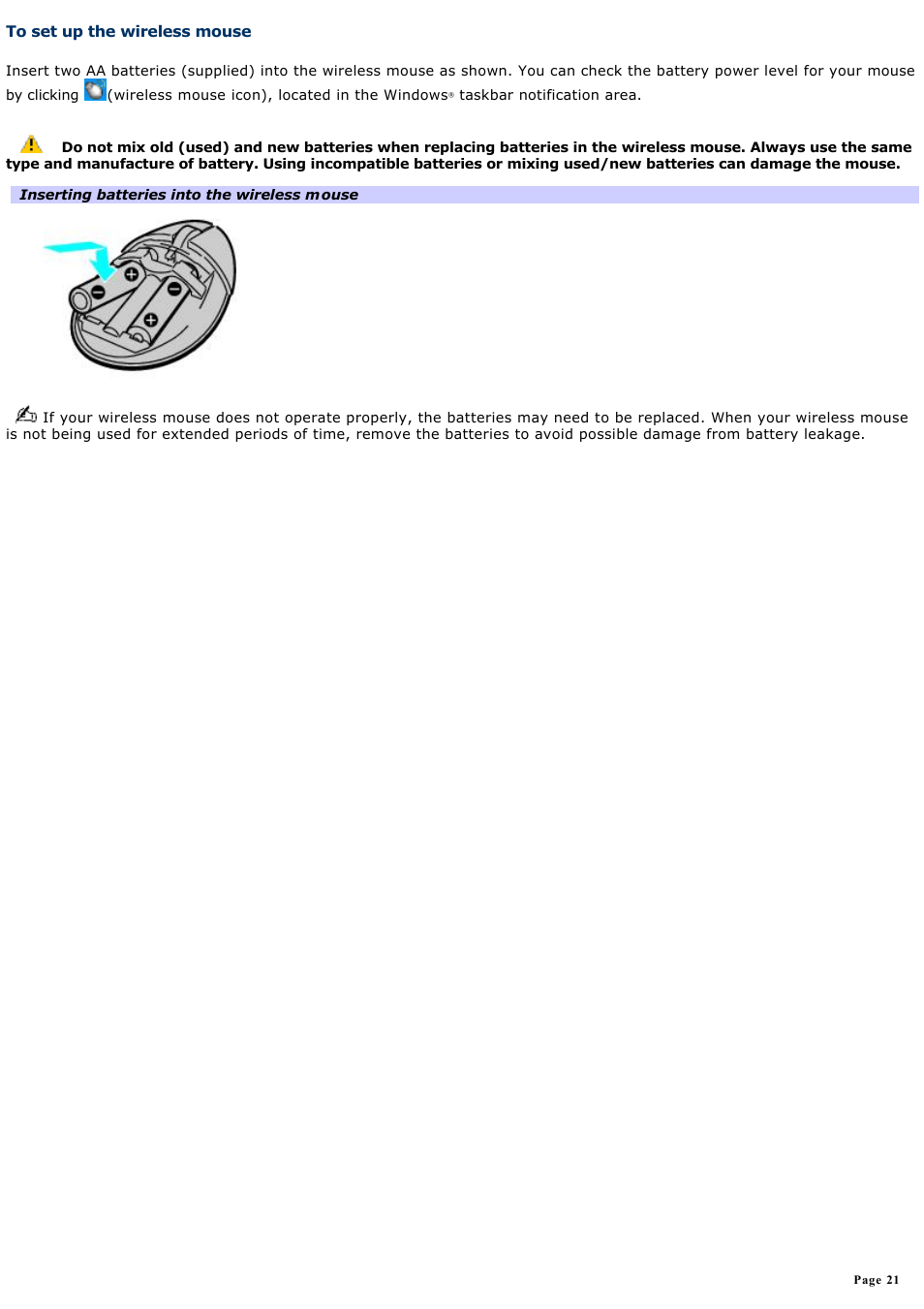 To set up the wireless mouse | Sony VGC-RA940G User Manual | Page 21 / 271