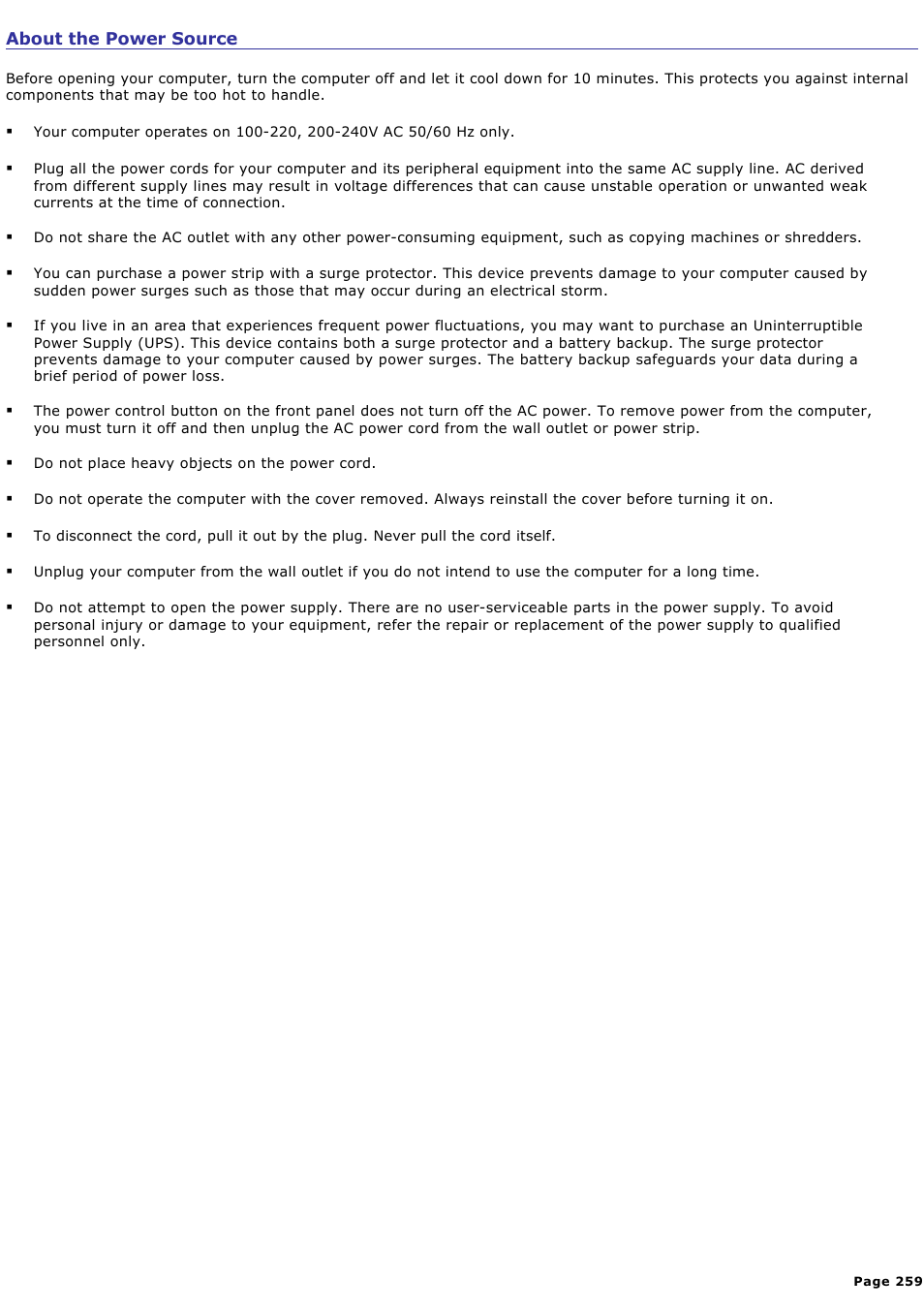 About the power source | Sony VGC-RA940G User Manual | Page 259 / 271