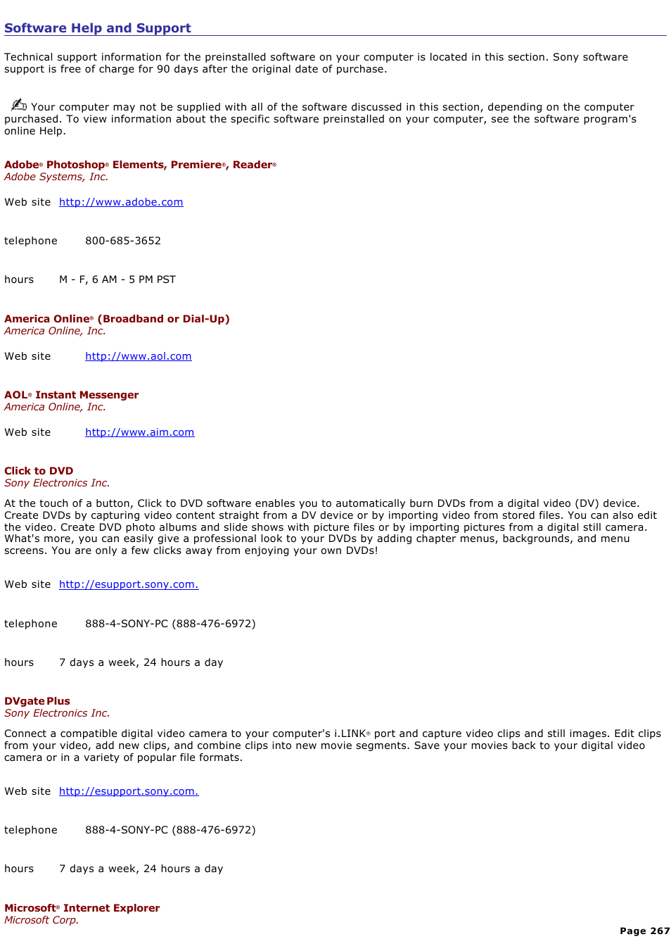Software help and support | Sony VGC-RA940G User Manual | Page 267 / 271