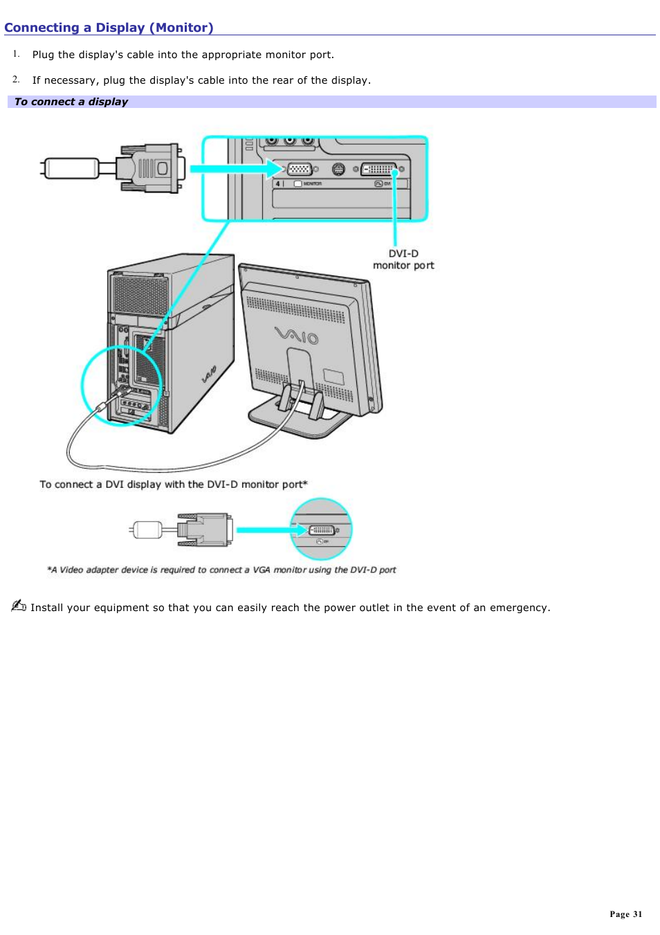Connecting a display (monitor) | Sony VGC-RA940G User Manual | Page 31 / 271