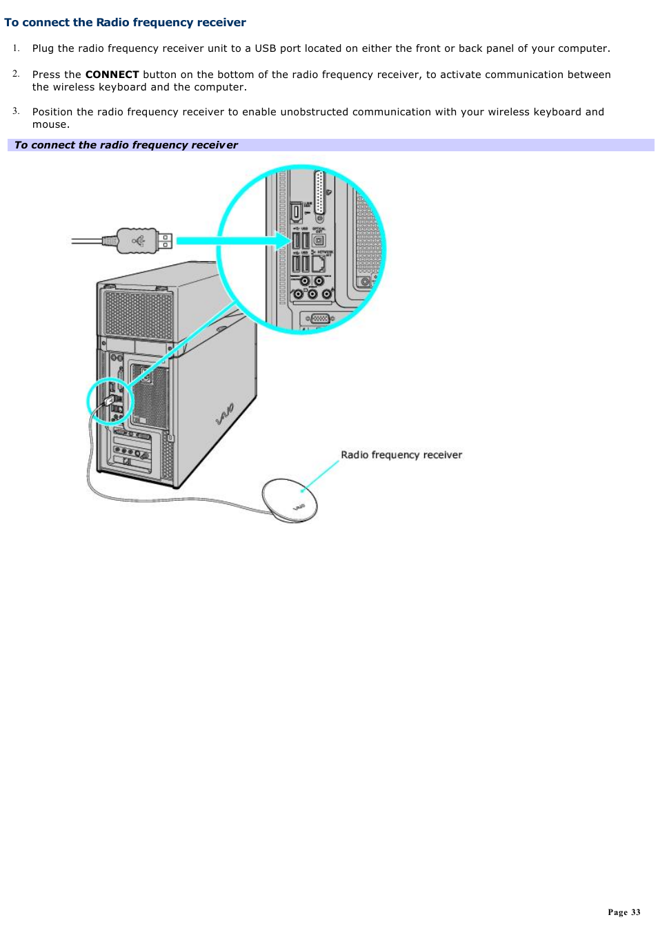 To connect the radio frequency receiver | Sony VGC-RA940G User Manual | Page 33 / 271