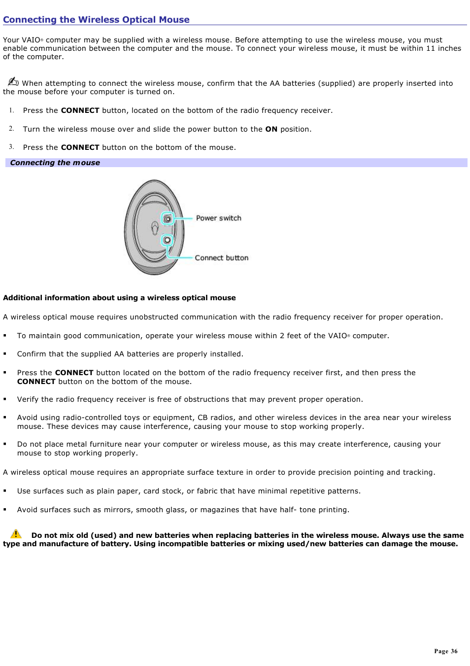 Connecting the wireless optical mouse | Sony VGC-RA940G User Manual | Page 36 / 271