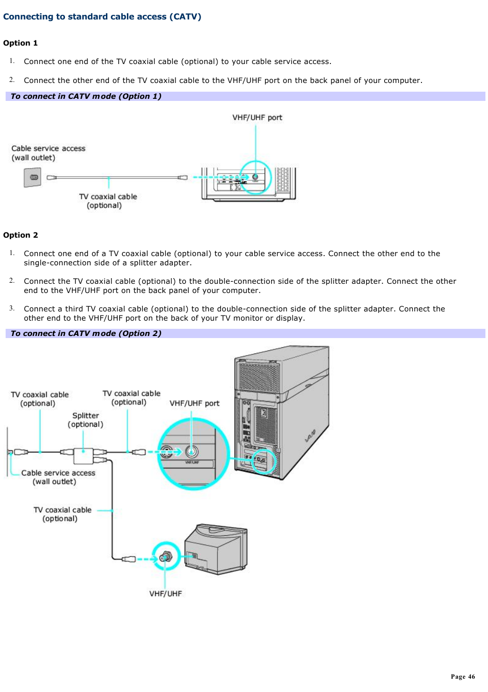 Connecting to standard cable access (catv) | Sony VGC-RA940G User Manual | Page 46 / 271