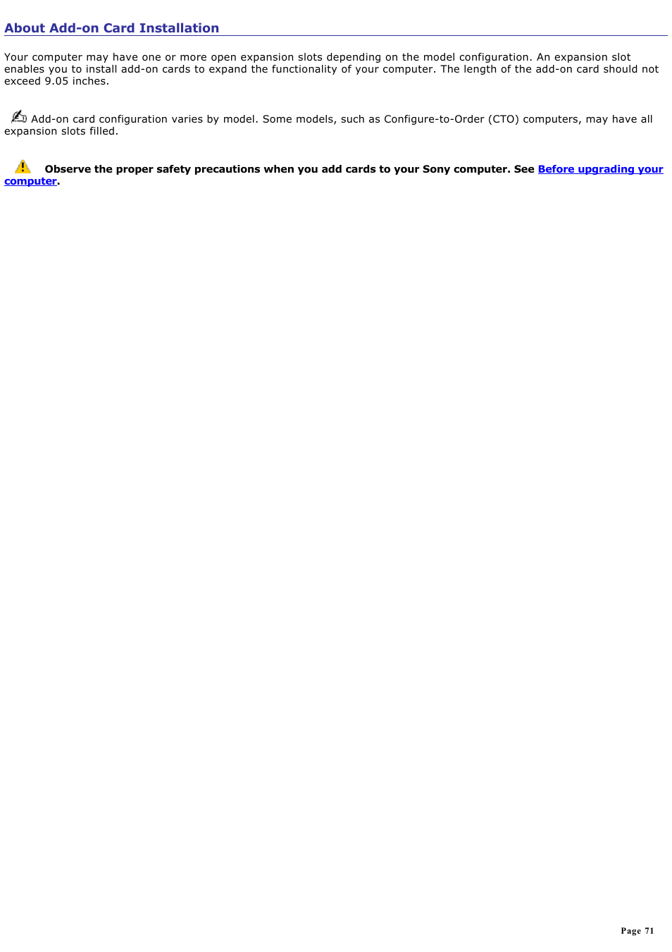 About add-on card installation | Sony VGC-RA940G User Manual | Page 71 / 271
