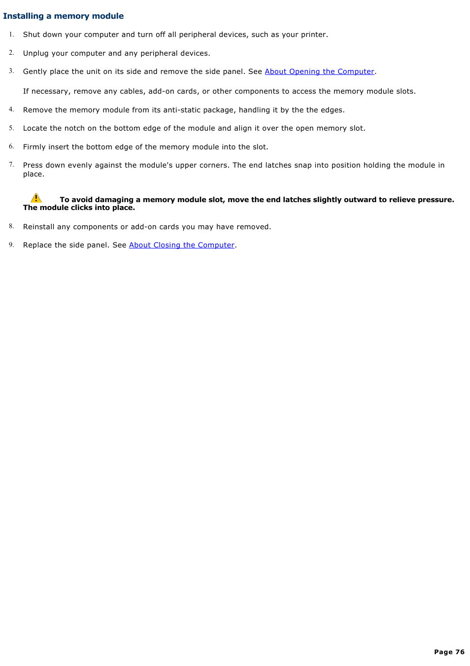 Installing a memory module | Sony VGC-RA940G User Manual | Page 76 / 271