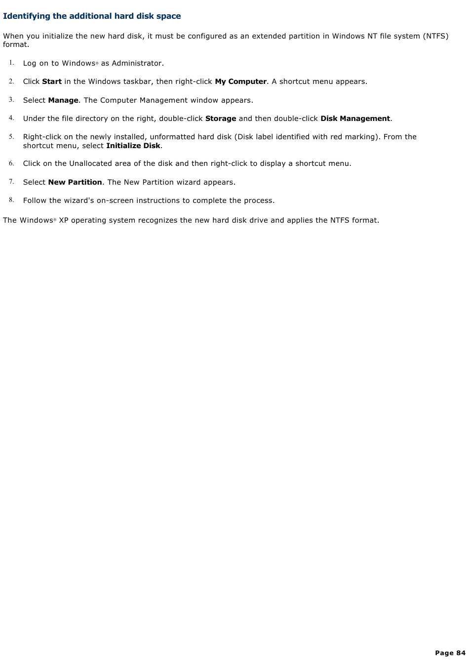 Identifying the additional hard disk space | Sony VGC-RA940G User Manual | Page 84 / 271