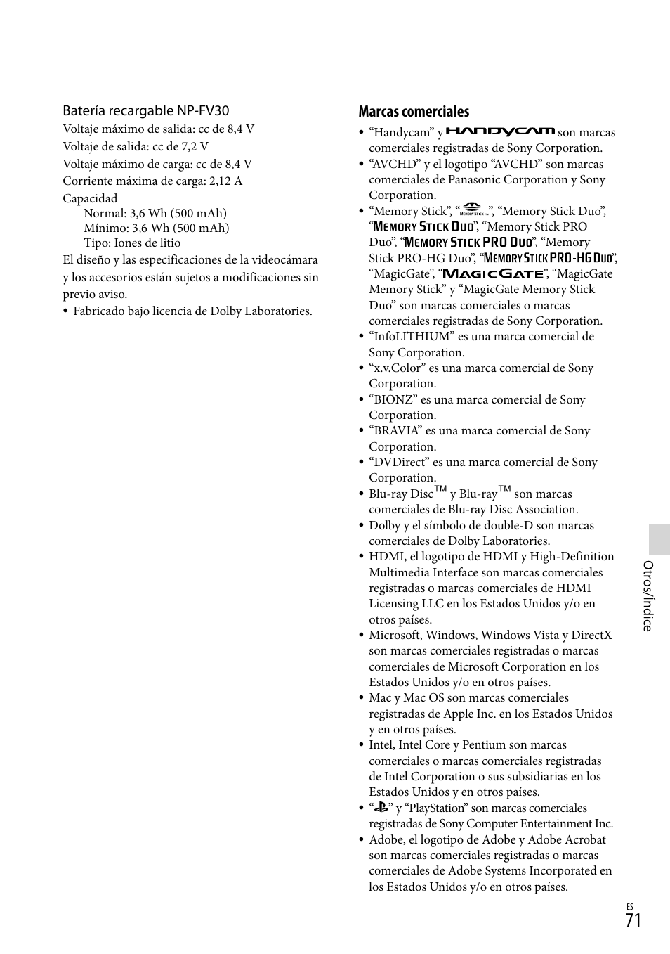 Marcas comerciales, Batería recargable np-fv30 | Sony HDR-CX190 User Manual | Page 149 / 155