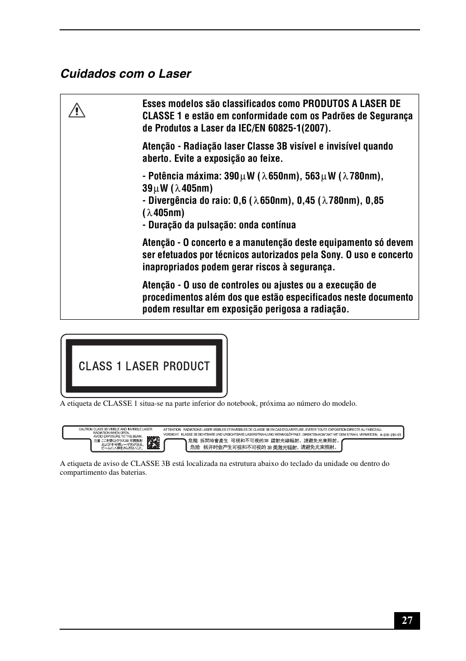 Cuidados com o laser | Sony VPCZ13JGX User Manual | Page 27 / 32