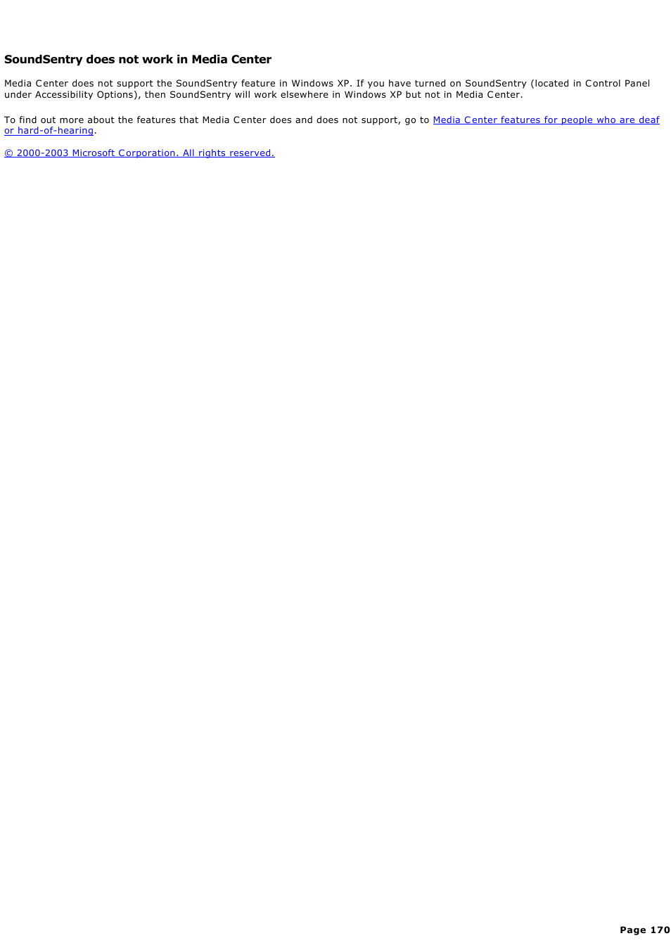 Soundsentry does not work in media center, Soundsentry does not work in media c enter | Sony PCV-RZ49G User Manual | Page 170 / 459