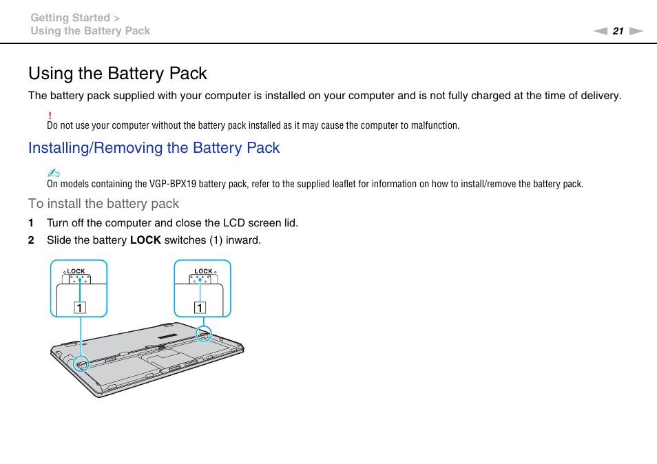 Using the battery pack, Installing/removing the battery pack | Sony VPCX111KX User Manual | Page 21 / 132