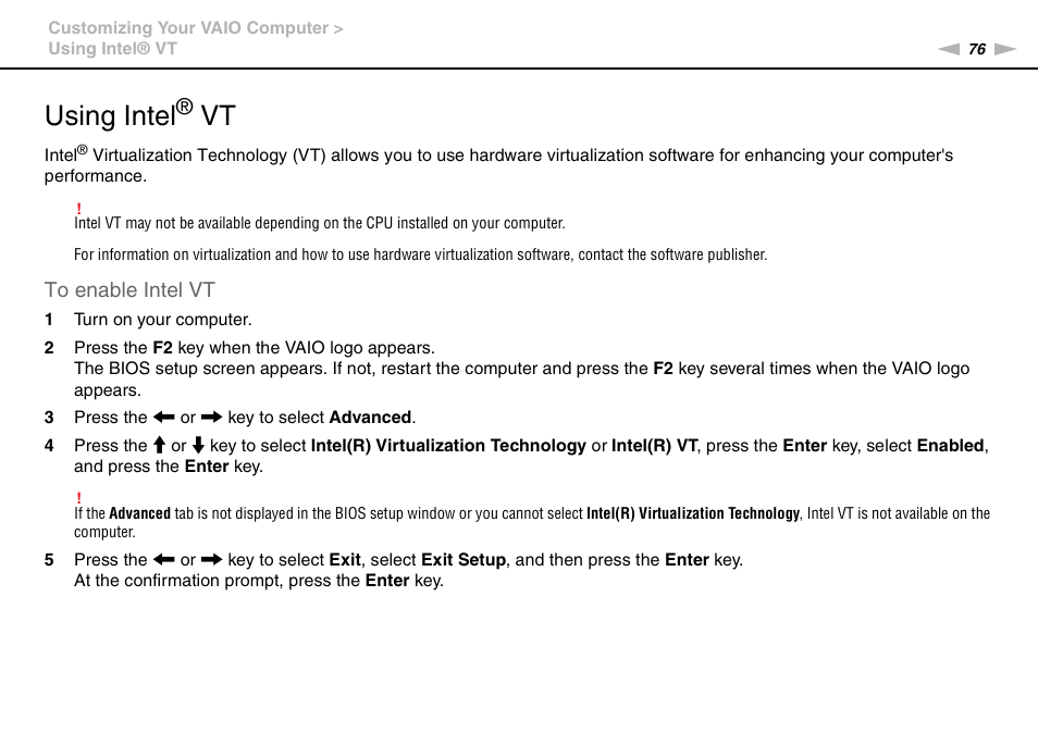 Using intel® vt, Using intel | Sony VPCX111KX User Manual | Page 76 / 132