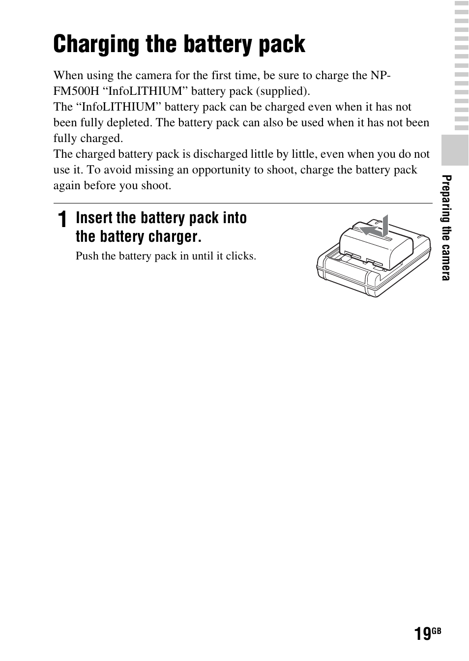 Charging the battery pack | Sony SLT-A58 User Manual | Page 19 / 96