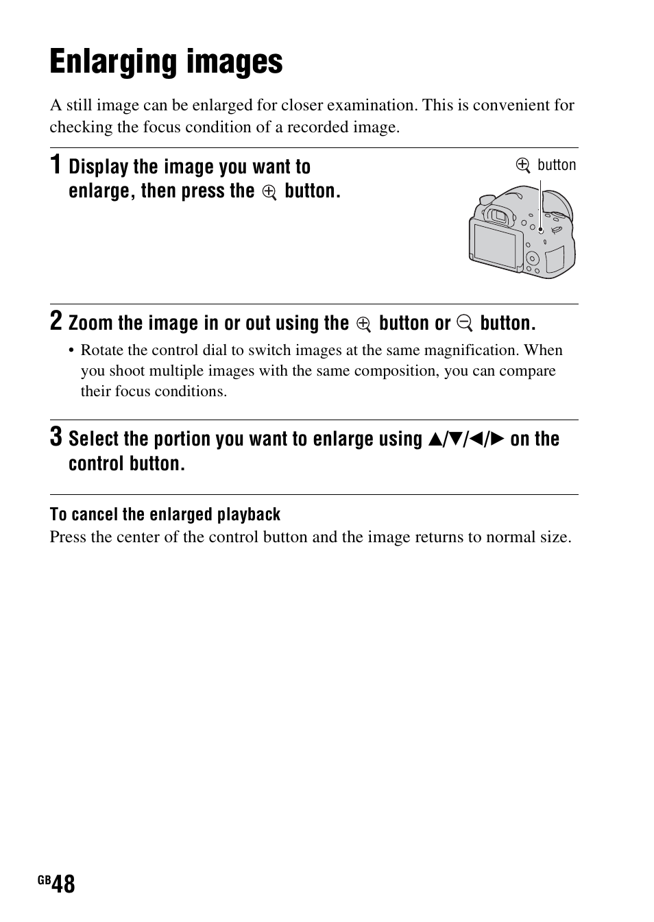 Using the playback functions, Enlarging images, N (48) | Sony SLT-A58 User Manual | Page 48 / 96