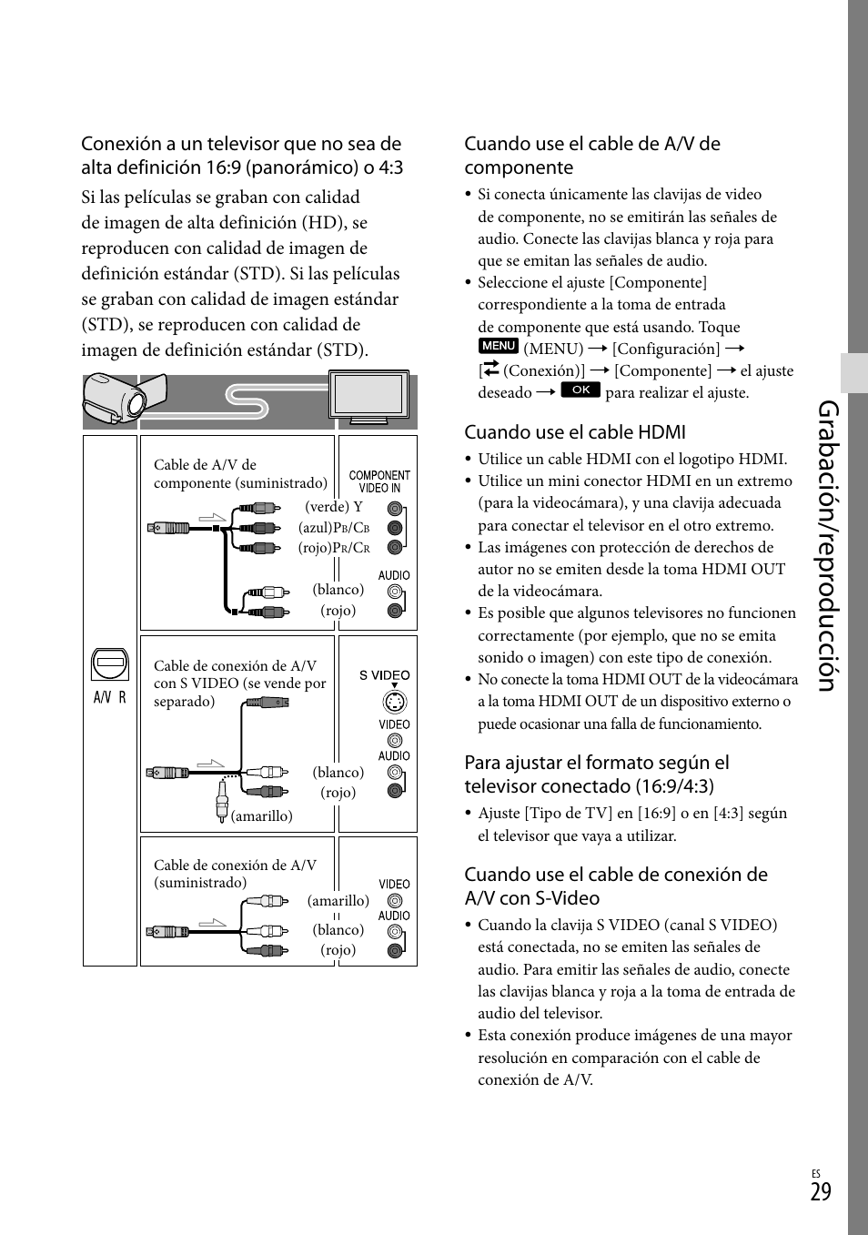 Gr abación/r epr oduc ción, Cuando use el cable de a/v de componente, Cuando use el cable hdmi | Cuando use el cable de conexión de a/v con s-video | Sony HDR-CX130 User Manual | Page 101 / 143