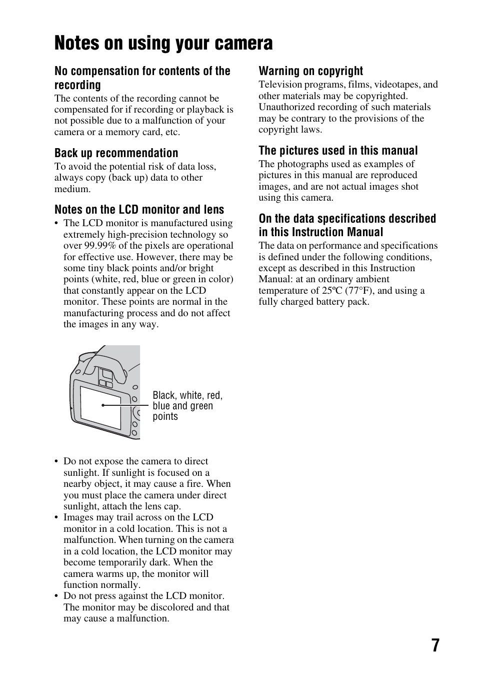 Notes on using your camera | Sony DSLR-A290 User Manual | Page 7 / 162