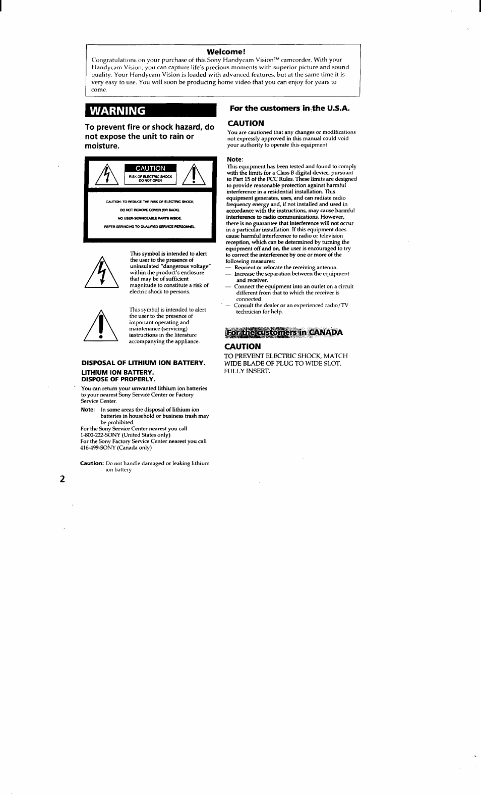 Welcome, For the customers in,the u.s.a. caution, Caution | Warning | Sony CCD-TRV615 User Manual | Page 2 / 89