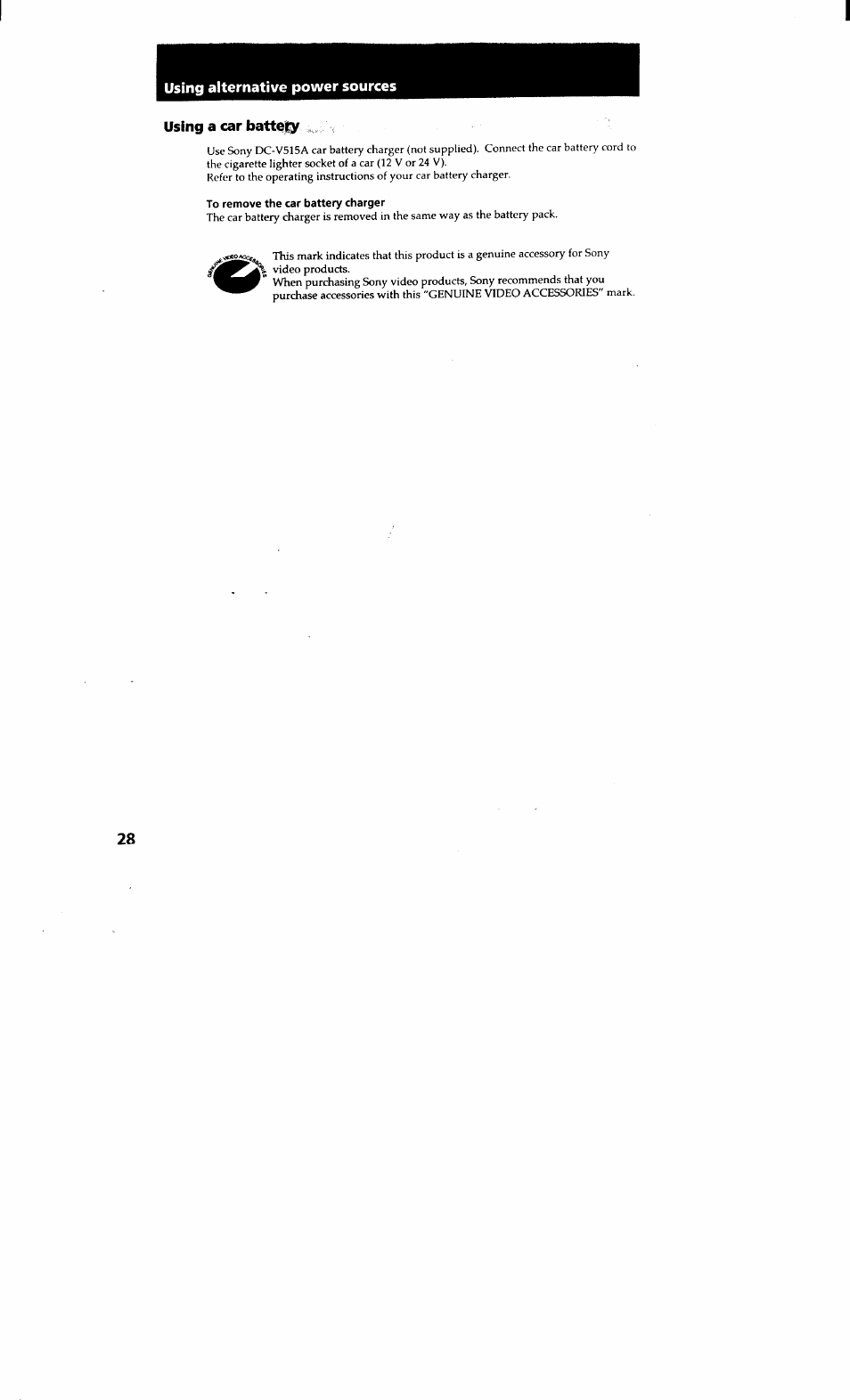 Using a car batt^|y | Sony CCD-TRV615 User Manual | Page 28 / 89