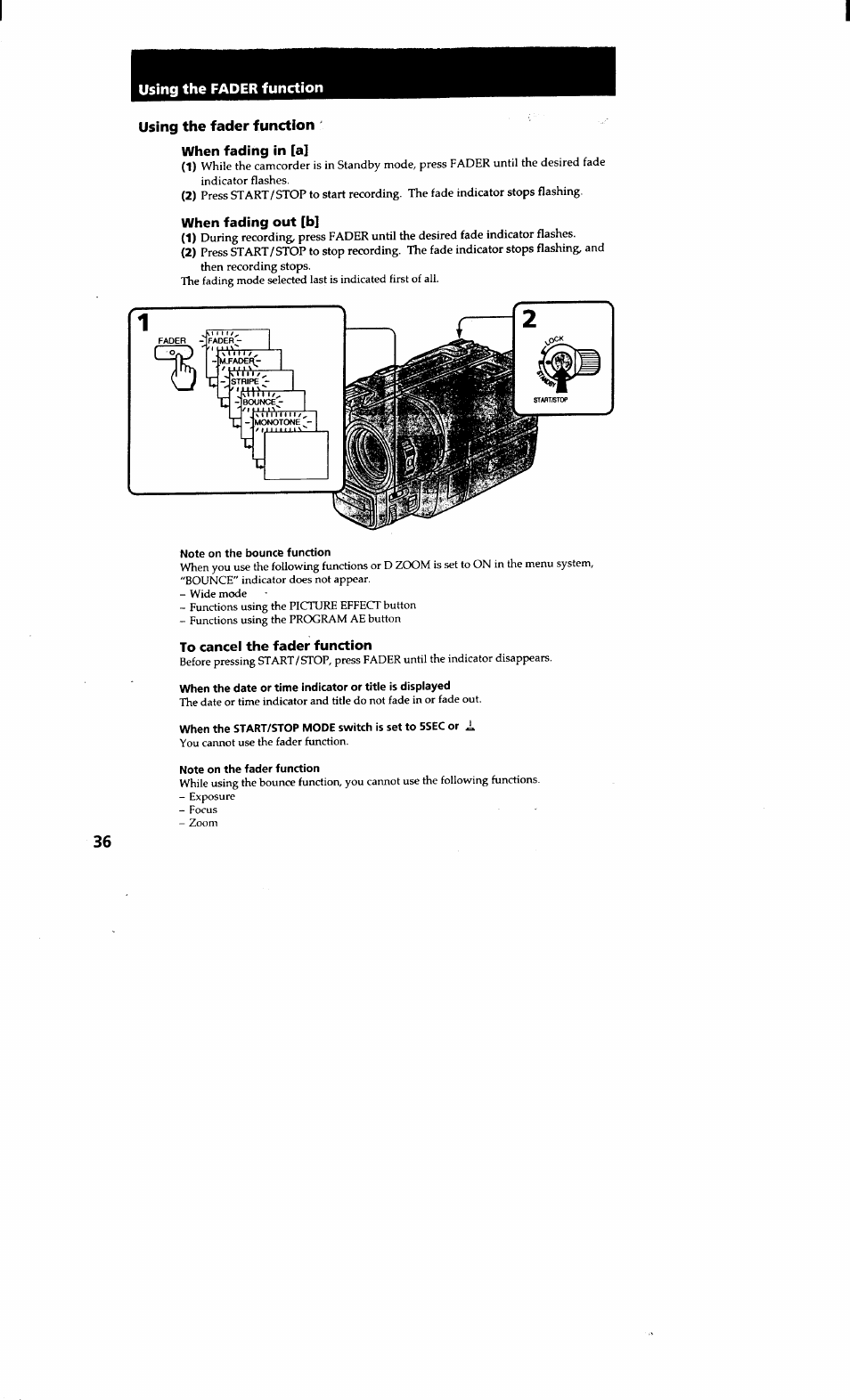 Using the fader function when fading in [a, To cancel the fader function, Using the fader function | Sony CCD-TRV615 User Manual | Page 36 / 89