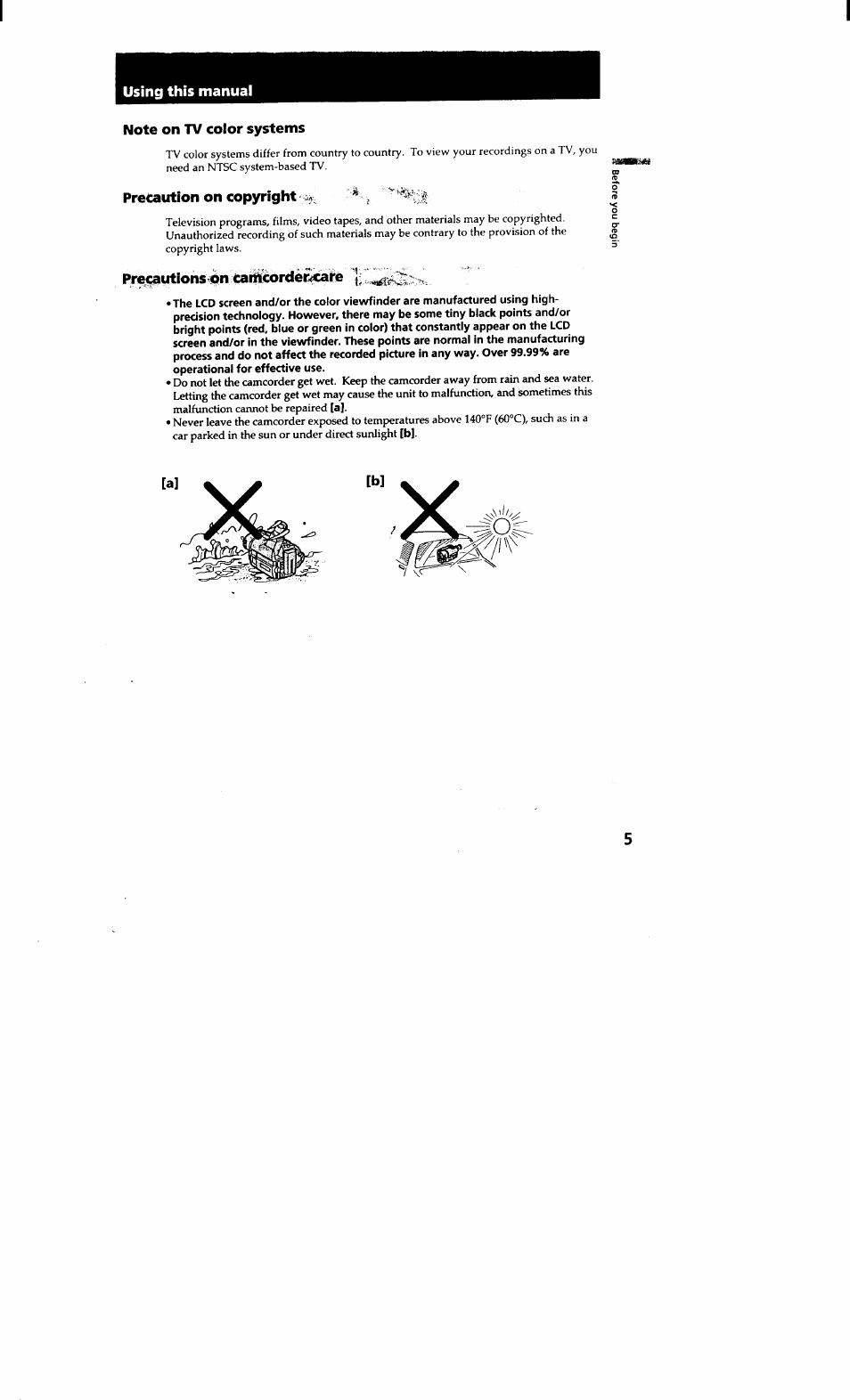 Note on tv color systems, Precaution on copyright, Pre^utionspn i | Using this manual | Sony CCD-TRV615 User Manual | Page 5 / 89