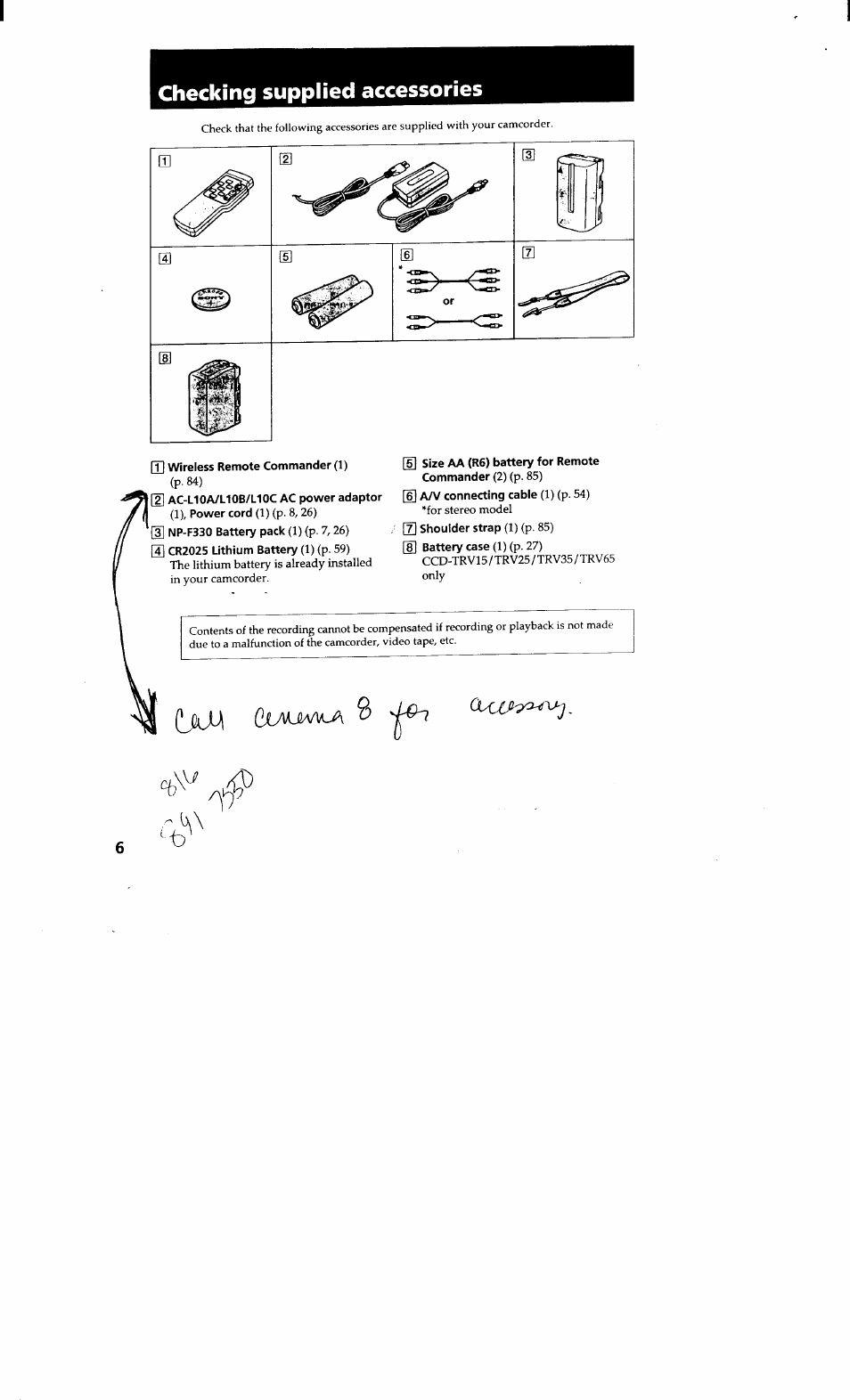 Checking supplied accessories, Q] wireless remote commander (1) | Sony CCD-TRV615 User Manual | Page 6 / 89