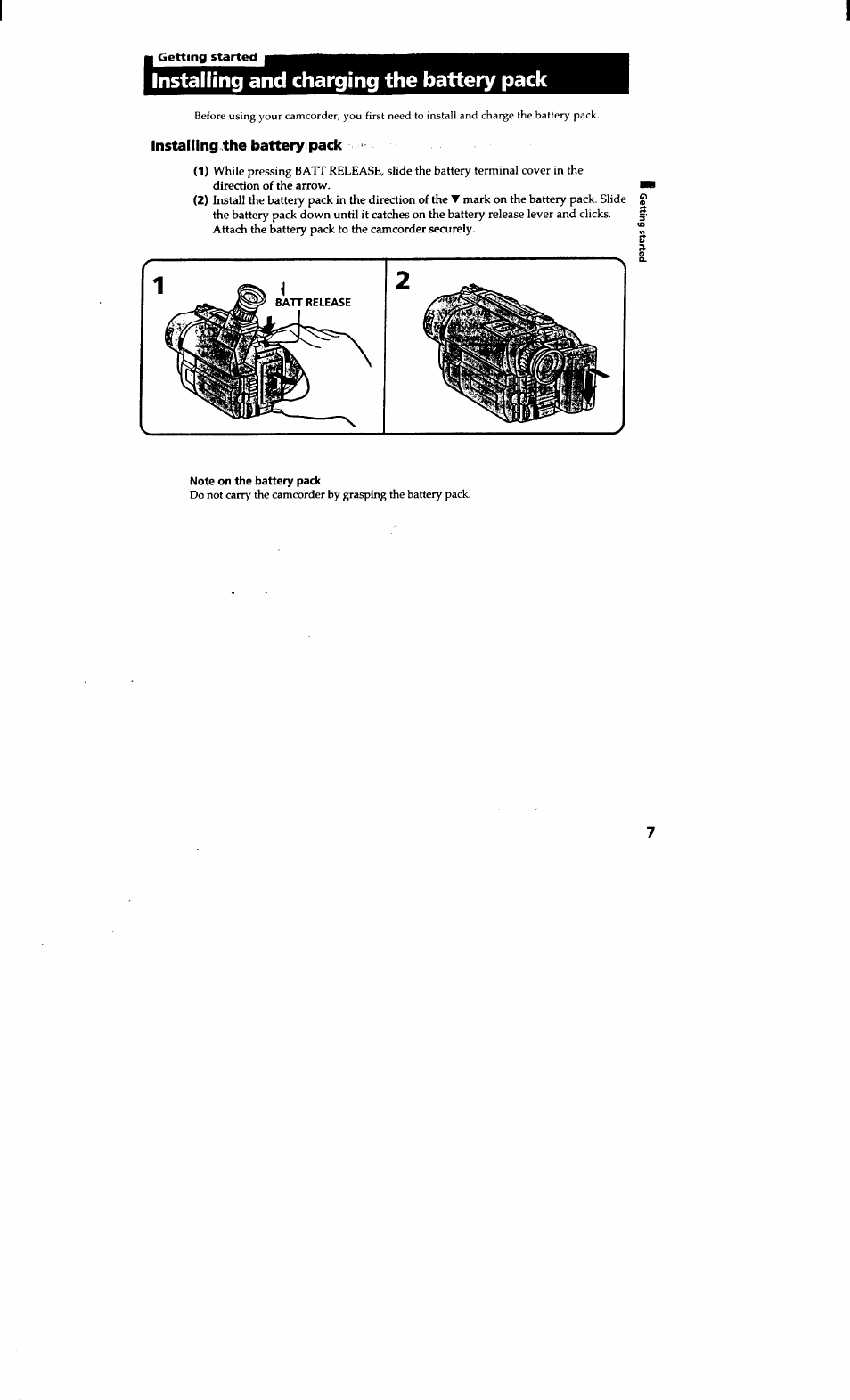 Installing and charging the battery pack, Installing the battery pack | Sony CCD-TRV615 User Manual | Page 7 / 89