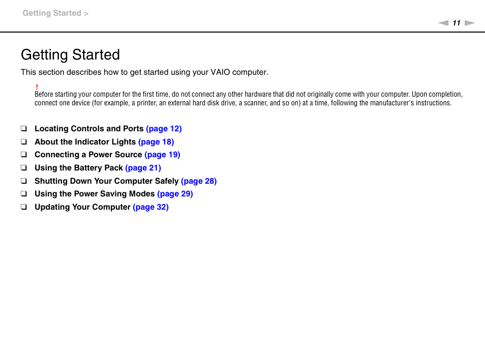 Getting started | Sony VPCEB1DGX User Manual | Page 11 / 163