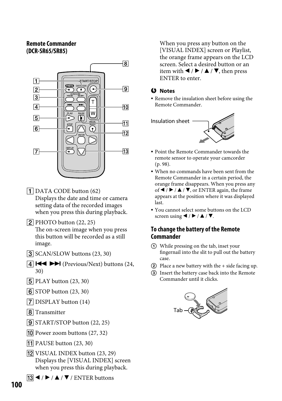 Remote commander (dcr-sr65/sr85) | Sony DCR-SR46BDL User Manual | Page 100 / 108