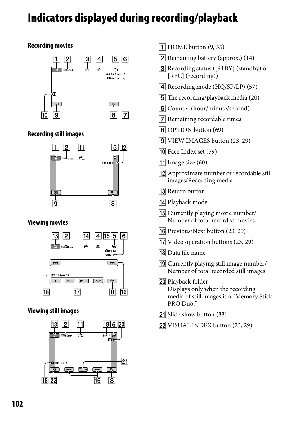 Indicators displayed during recording/playback | Sony DCR-SR46BDL User Manual | Page 102 / 108